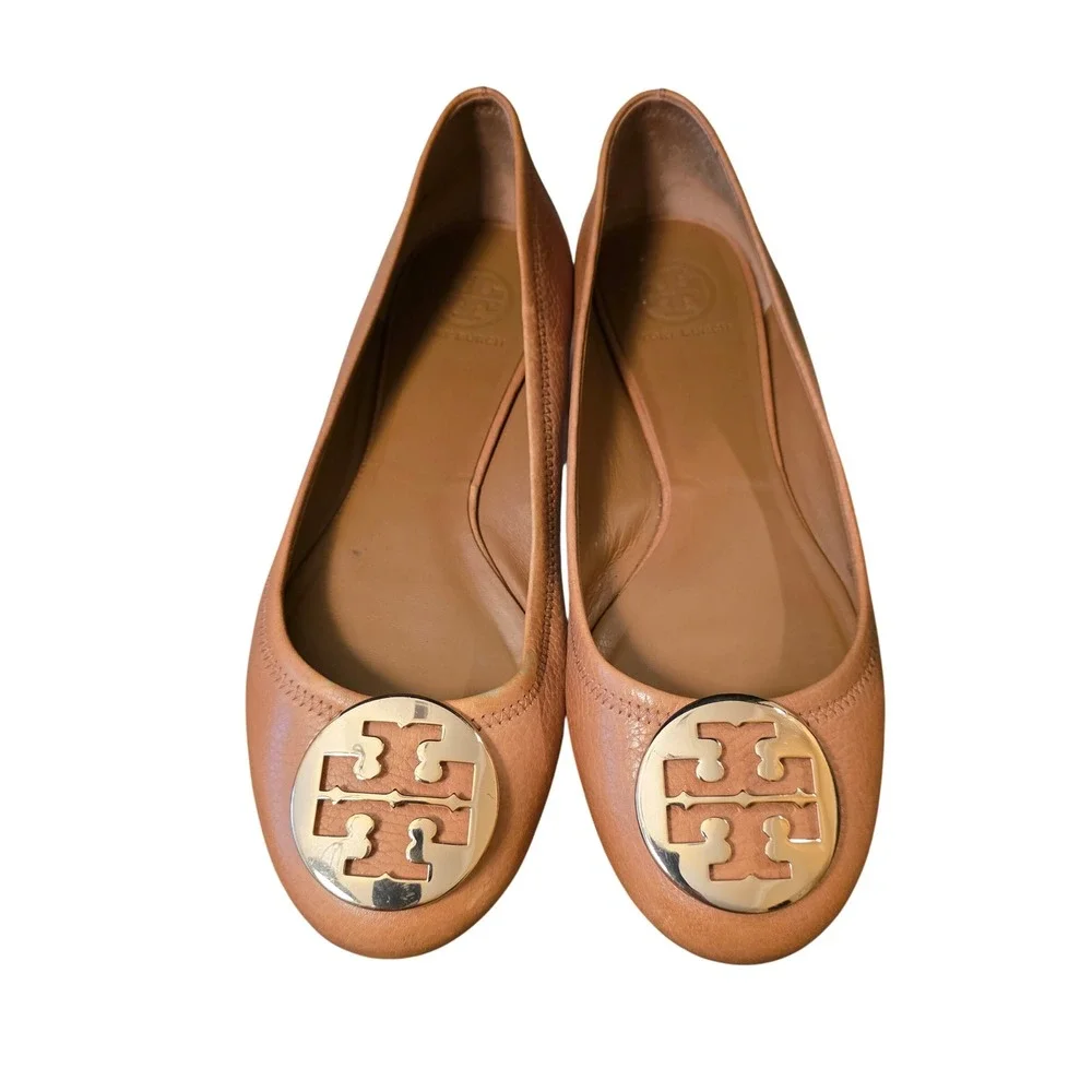 Tory Burch Minnie Travel Ballet Flats Tan Pebbled Leather Gold Logo 10M 50008691